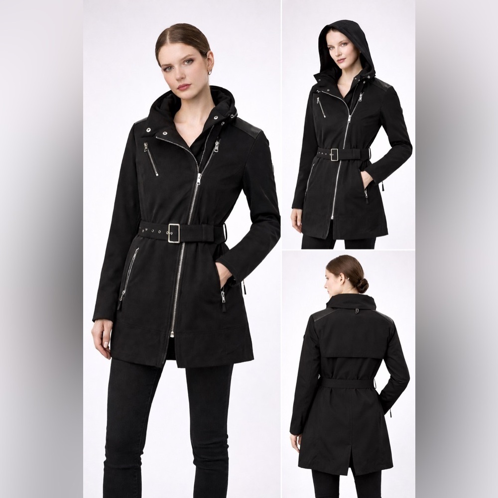 RUDSAK Moira Black Belted Jacket Hidden Hood Leather Trim Size XS